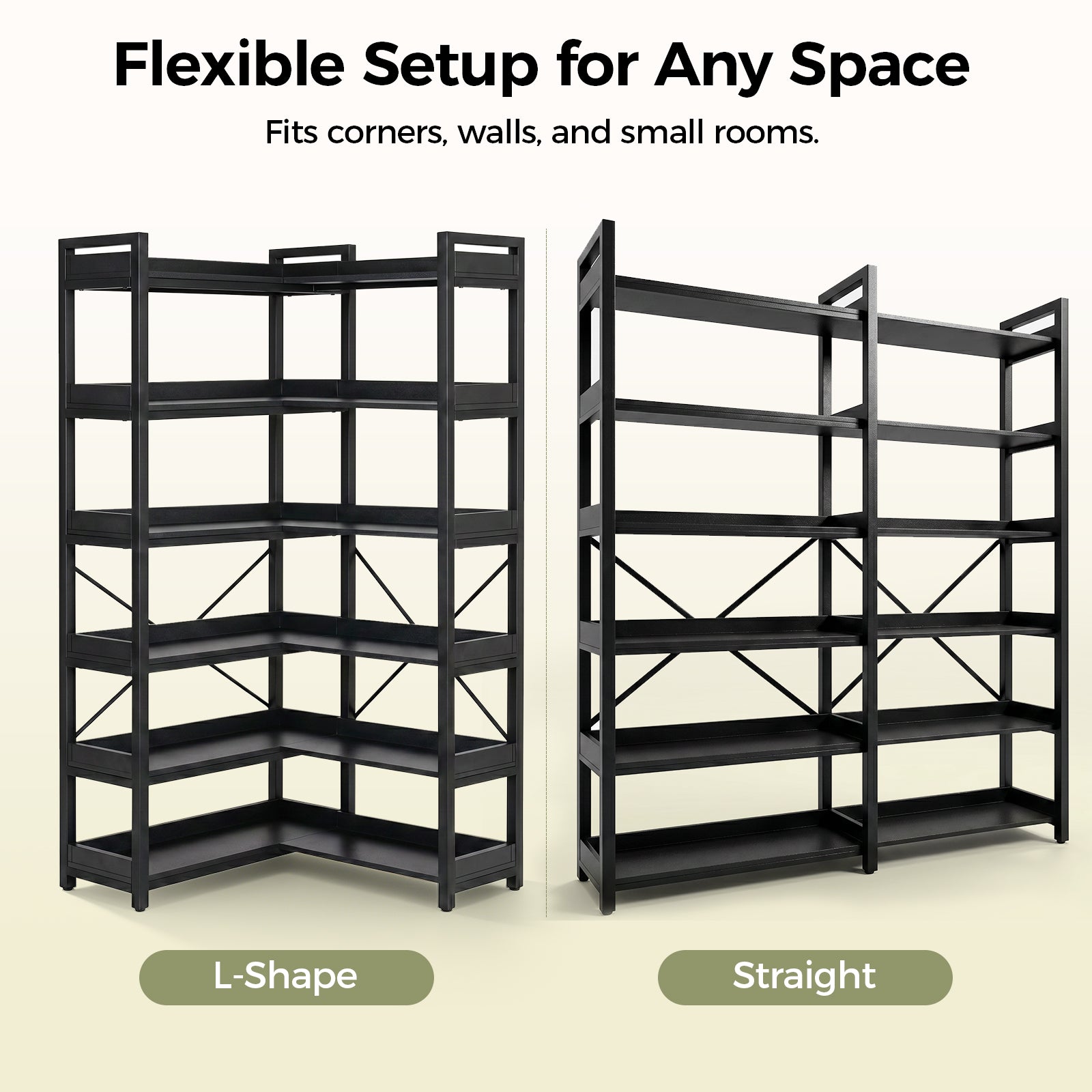 COMHOMA 5-Tier/6-Tier Corner Bookshelf, L-Shaped Metal Frame Shelf with Tall 14" Shelves HBOK1