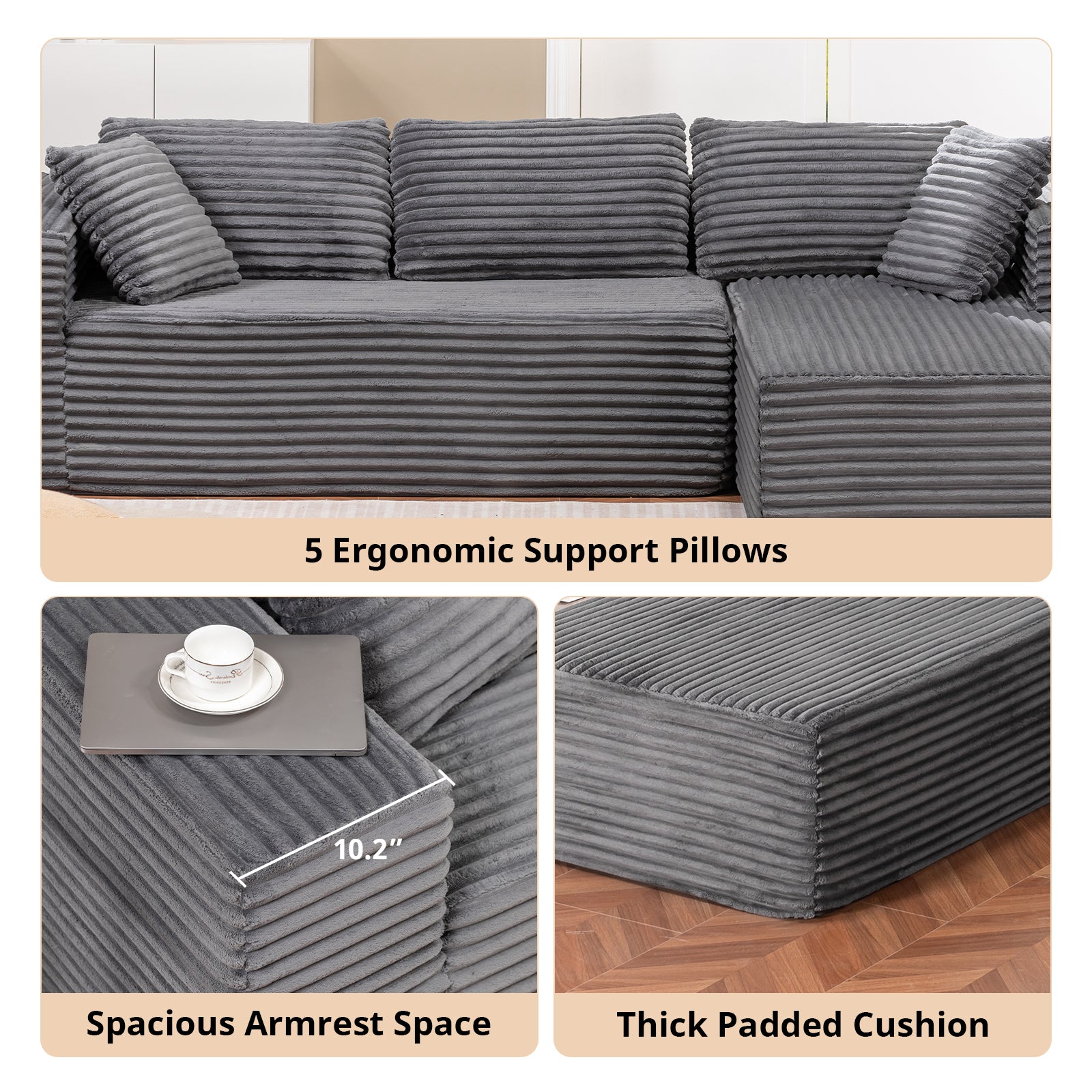 COMHOMA Modular Sectional Couch with L/R-Shape Chaise, Corduroy Upholstery & No Assembly Required B10