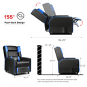 Black and blue recliner chair with ergonomic push-back design reclining to 155 degrees, dimensions showing 62.20 inches length, 26.77 inches width, 35.03 inches depth, and 38.97 inches height, with a note on placement 18-20 inches from wall for normal reclining function, featured in collections including All Products, Office & Game, Recliner Chairs, and Office Furniture.