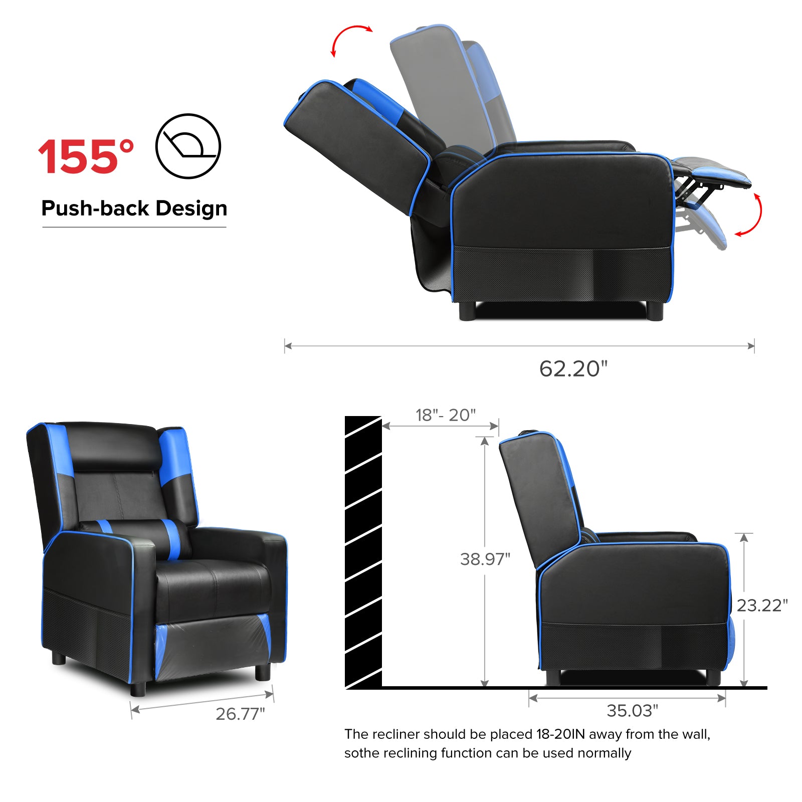 Black and blue recliner chair with ergonomic push-back design reclining to 155 degrees, dimensions showing 62.20 inches length, 26.77 inches width, 35.03 inches depth, and 38.97 inches height, with a note on placement 18-20 inches from wall for normal reclining function, featured in collections including All Products, Office & Game, Recliner Chairs, and Office Furniture.