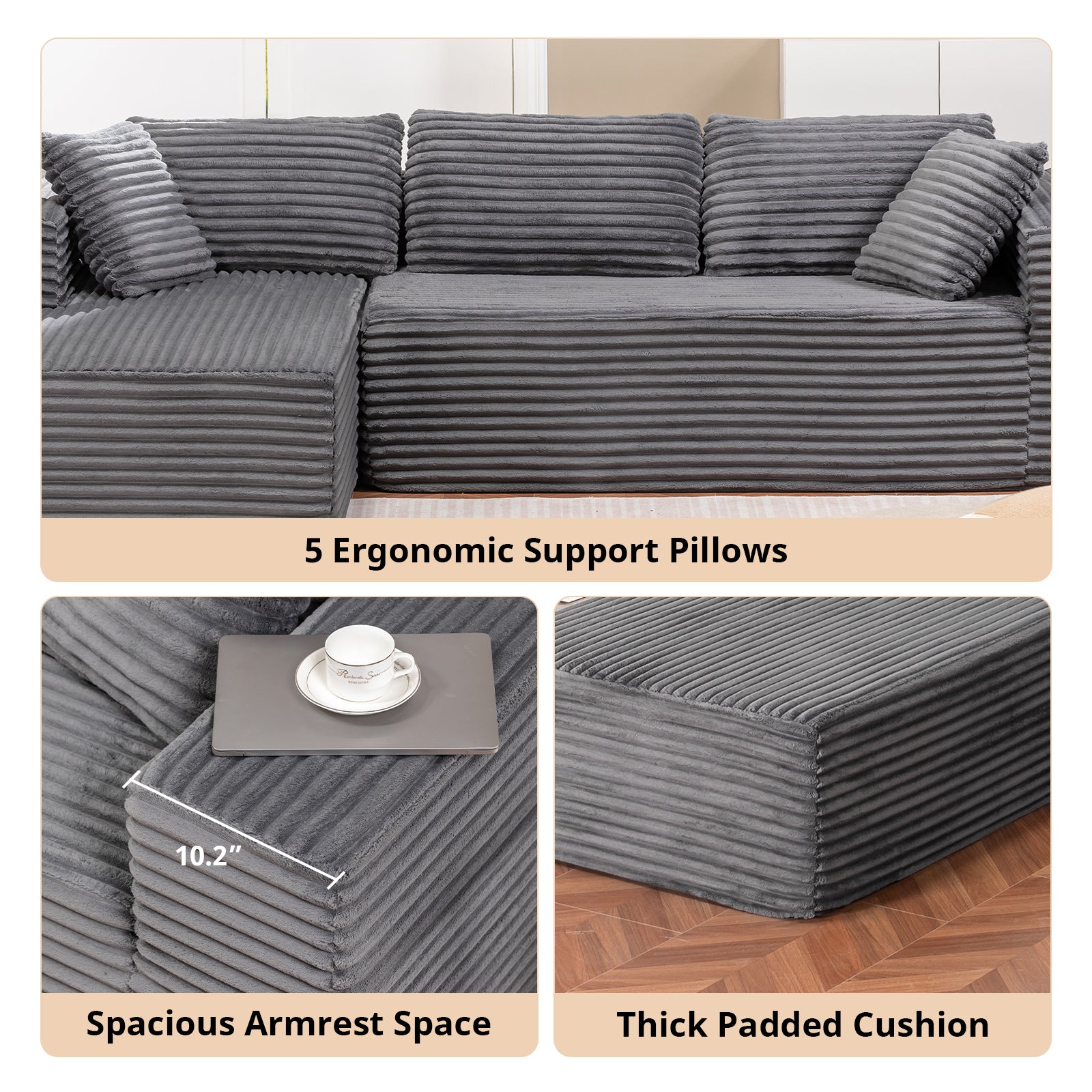 COMHOMA Modular Sectional Couch with L/R-Shape Chaise, Corduroy Upholstery & No Assembly Required B10