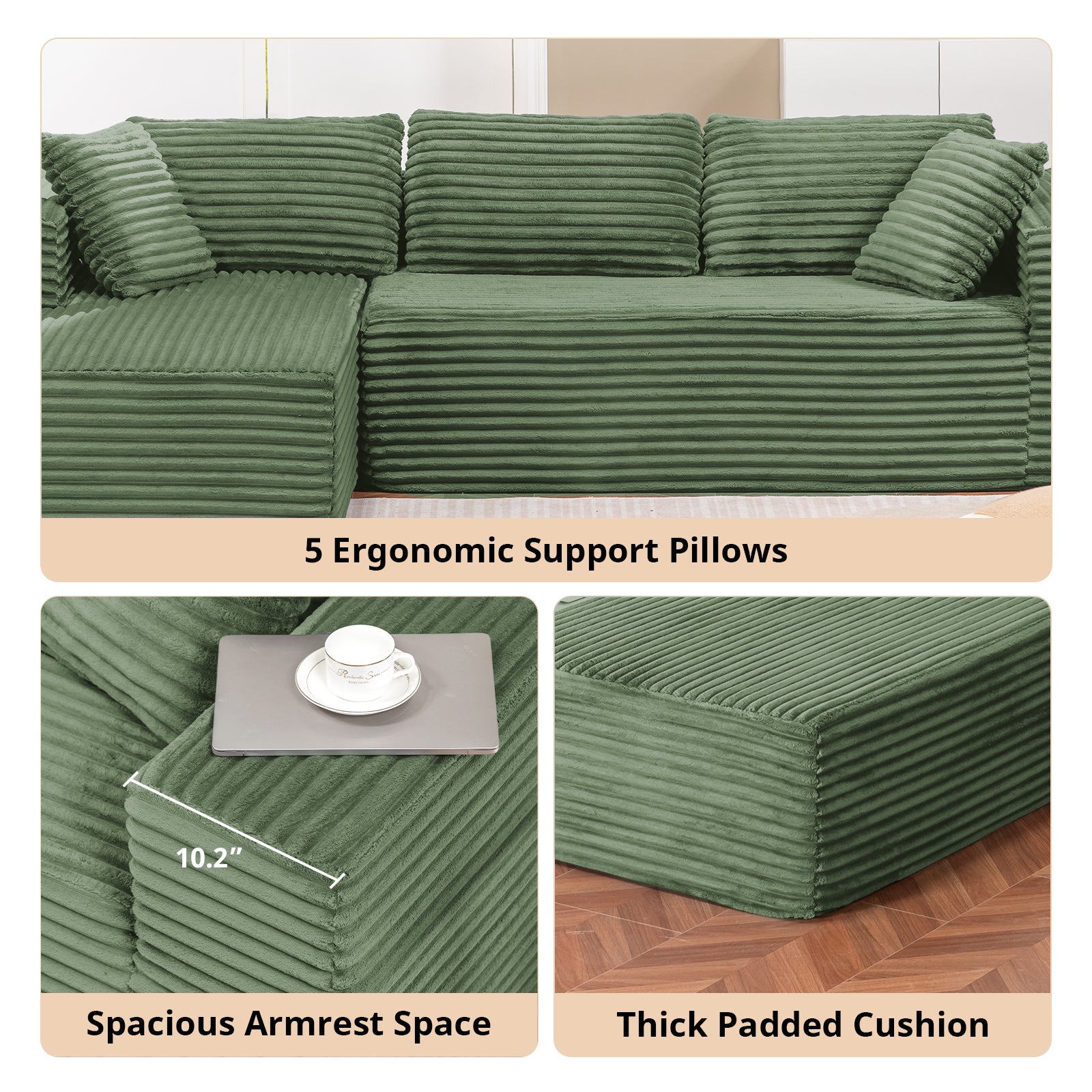 COMHOMA Modular Sectional Couch with L/R-Shape Chaise, Corduroy Upholstery & No Assembly Required B10