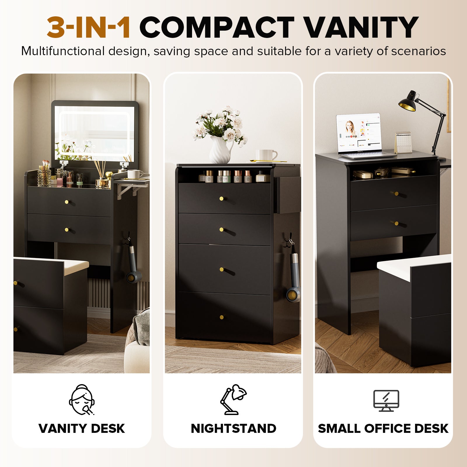 LUCKLIFE Small Makeup Vanity Desk with Mirror and Lights, Small 3 in 1 Vanity Table with Visible Glass Top, Flip Top & 3 Drawers B500