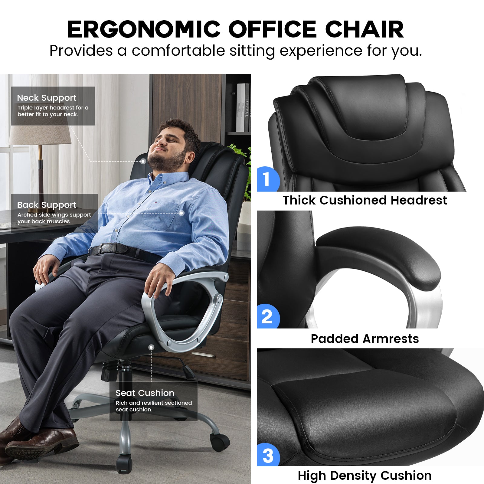 COMHOMA PU Leather Adjustable Office Chair with Headrest & Lumbar Support CH158