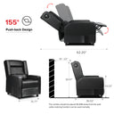 Black recliner chair with push-back design reclining to 155 degrees, featuring Bluetooth speakers, with dimensions and wall clearance instructions from the Office & Game recliner chairs collection.