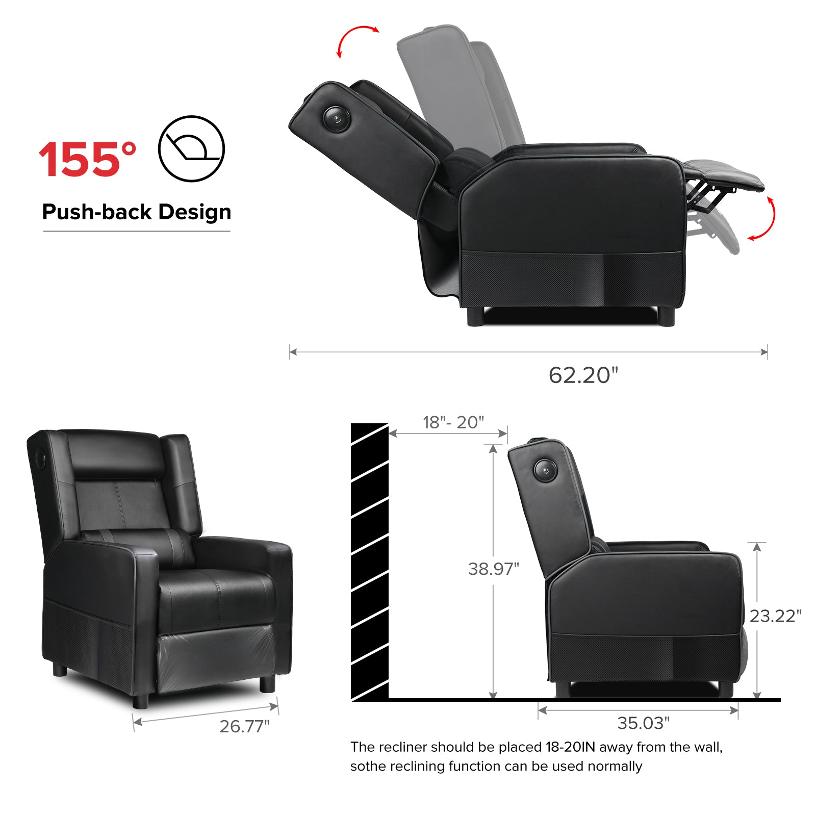 Black recliner chair with push-back design reclining to 155 degrees, featuring Bluetooth speakers, with dimensions and wall clearance instructions from the Office & Game recliner chairs collection.