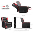 Black and red ergonomic recliner chair with 155-degree push-back design, Bluetooth speaker, and dimensions showing height, width, and recommended wall clearance for proper use.