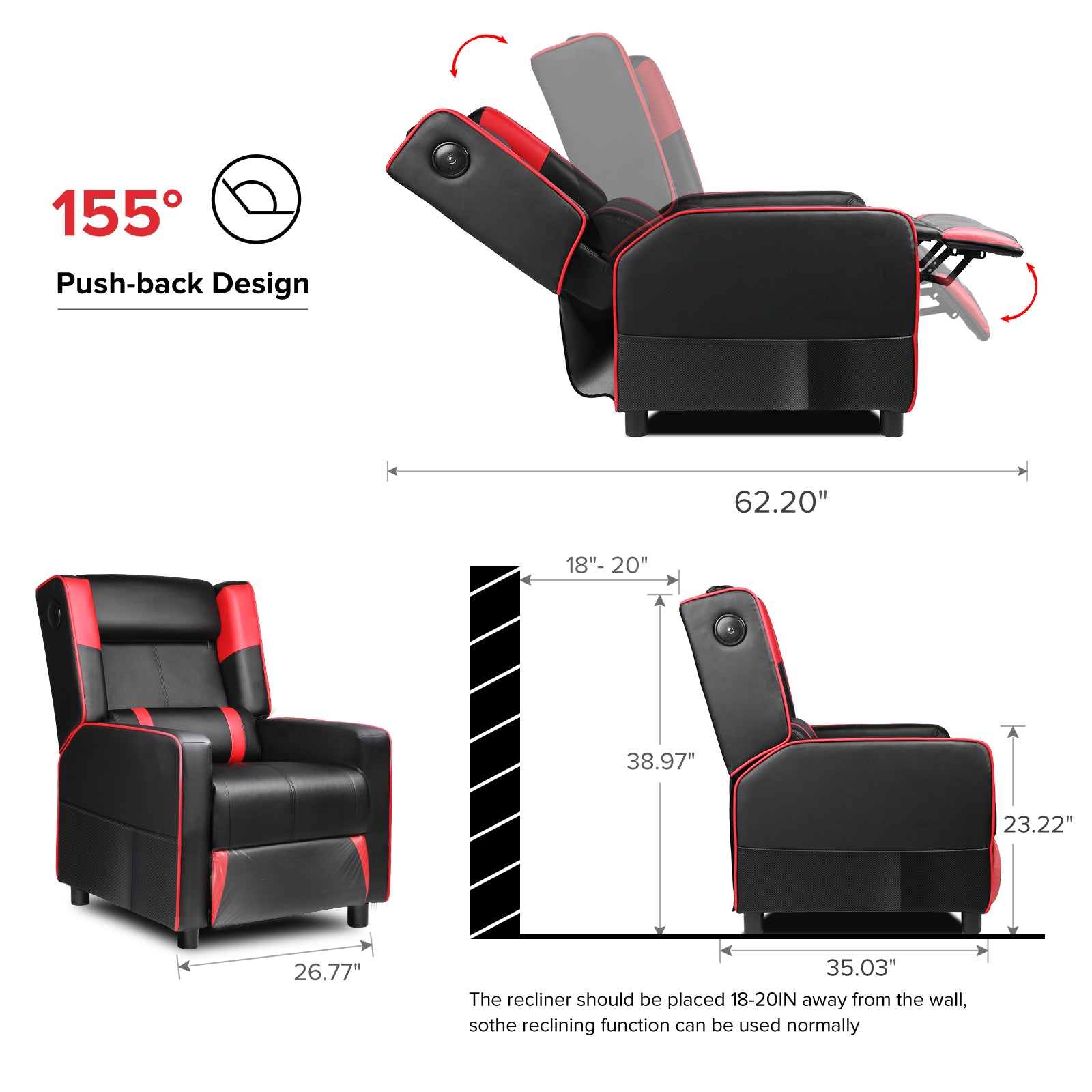 Black and red ergonomic recliner chair with 155-degree push-back design, Bluetooth speaker, and dimensions showing height, width, and recommended wall clearance for proper use.