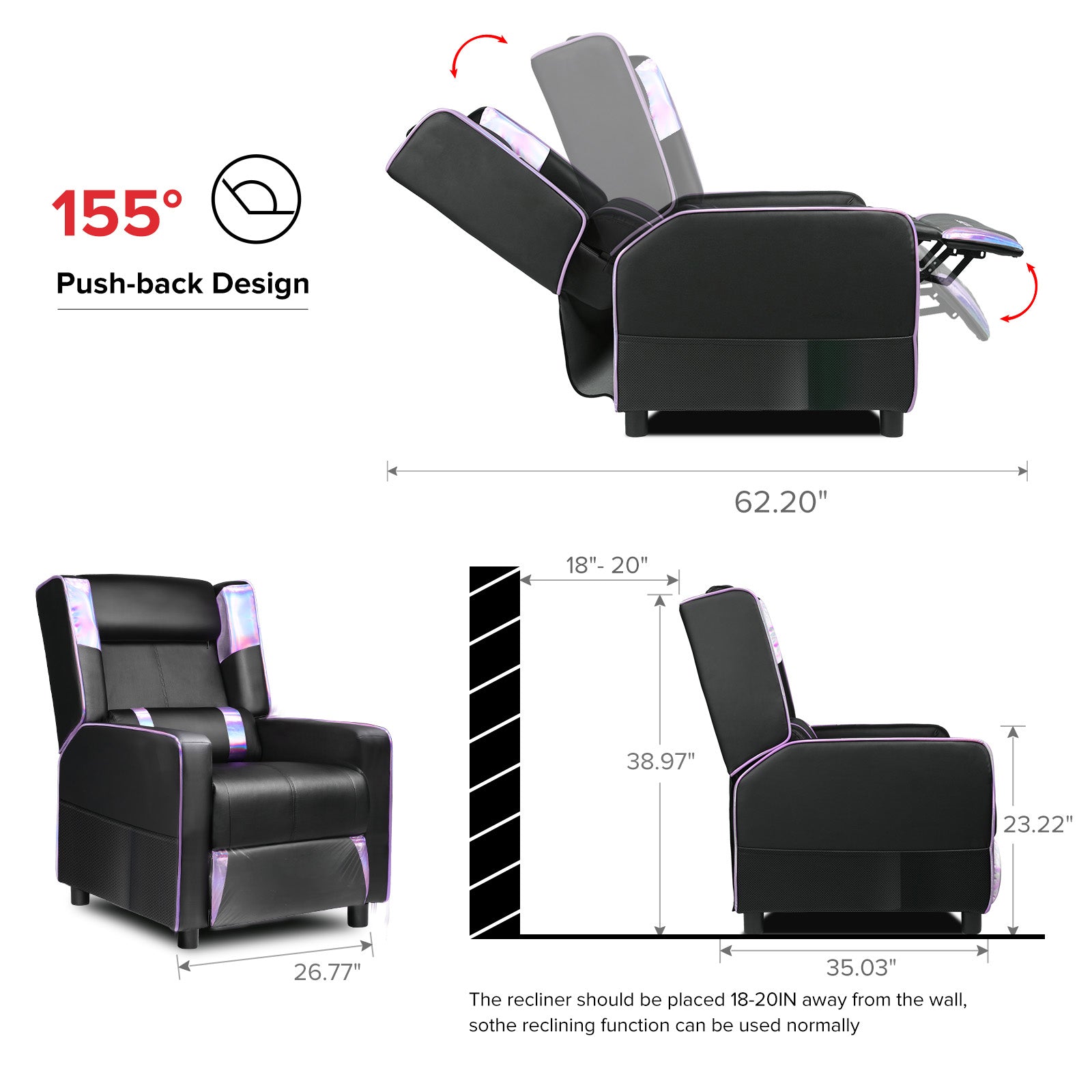 GTPLAYER® Gaming Massage Recliner with Bluetooth Speakers GT208M