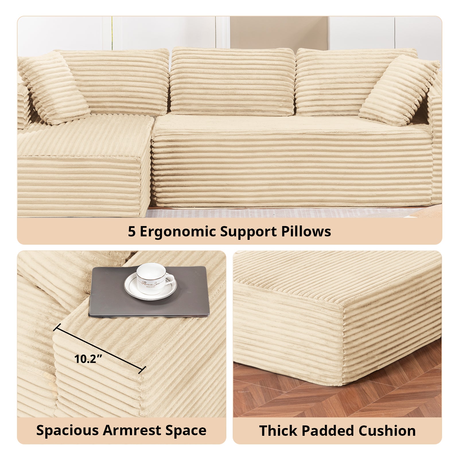 COMHOMA Modular Sectional Couch with L/R-Shape Chaise, Corduroy Upholstery & No Assembly Required B10
