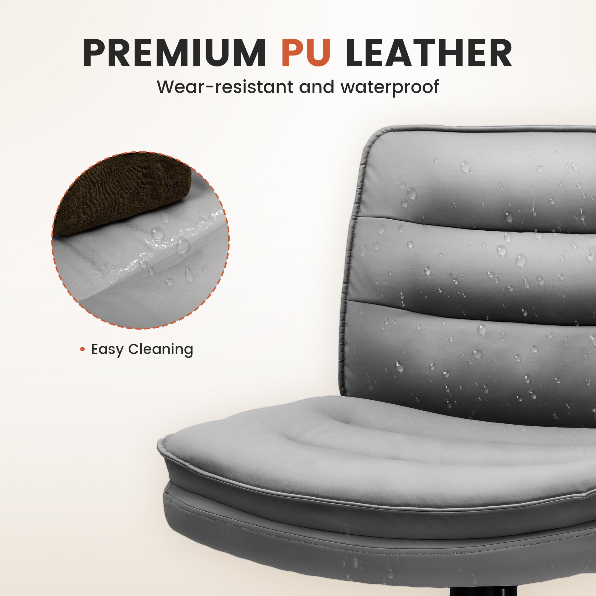 Close-up of a gray PU leather office chair seat and backrest with water droplets highlighting its wear-resistant, waterproof, and easy-cleaning features for office and game use.