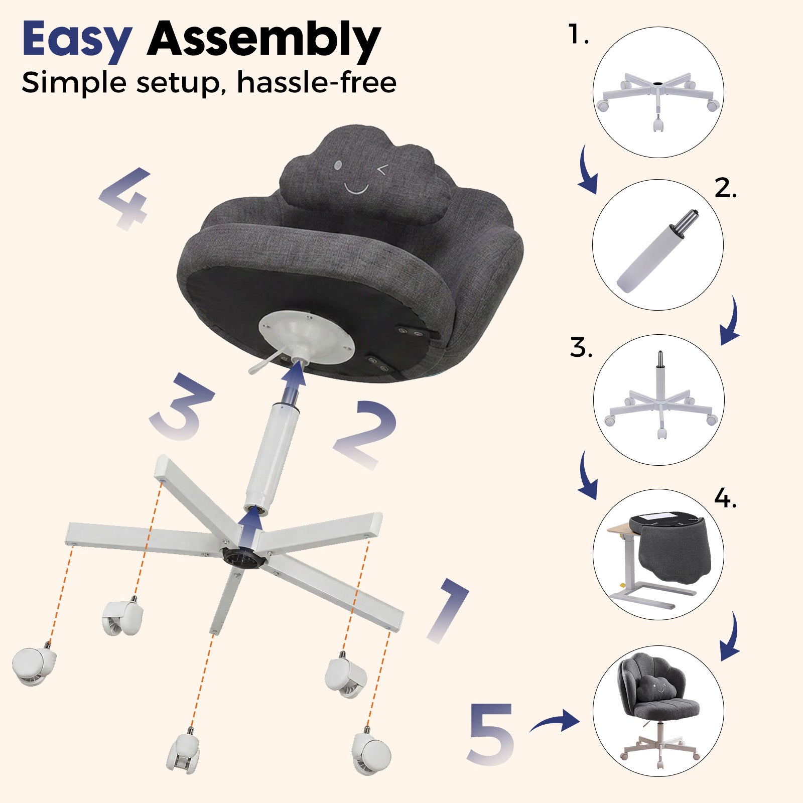 Illustration of easy assembly steps for a height adjustable petal-shaped vanity chair with wheels, showing base, gas lift, casters, and seat installation, labeled 1 to 5, with text "Easy Assembly Simple setup, hassle-free" above.