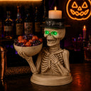 Halloween Skeleton Figurine with Storage Bowl & Candle Holder, Spooky Halloween Decor for Indoor Home