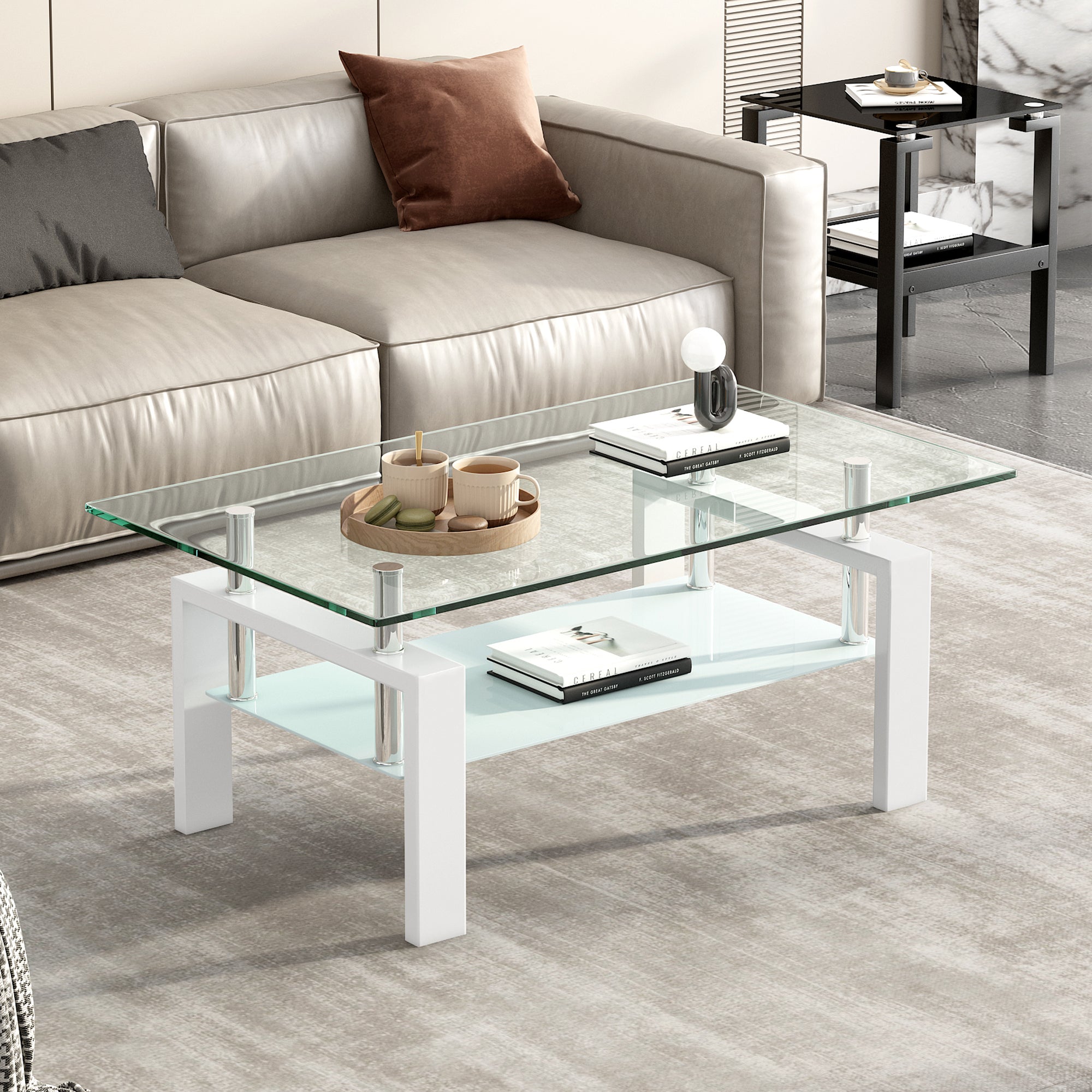Tempered Clear Glass Coffee Table, 2-Layers Coffee Table Living Room Center Table