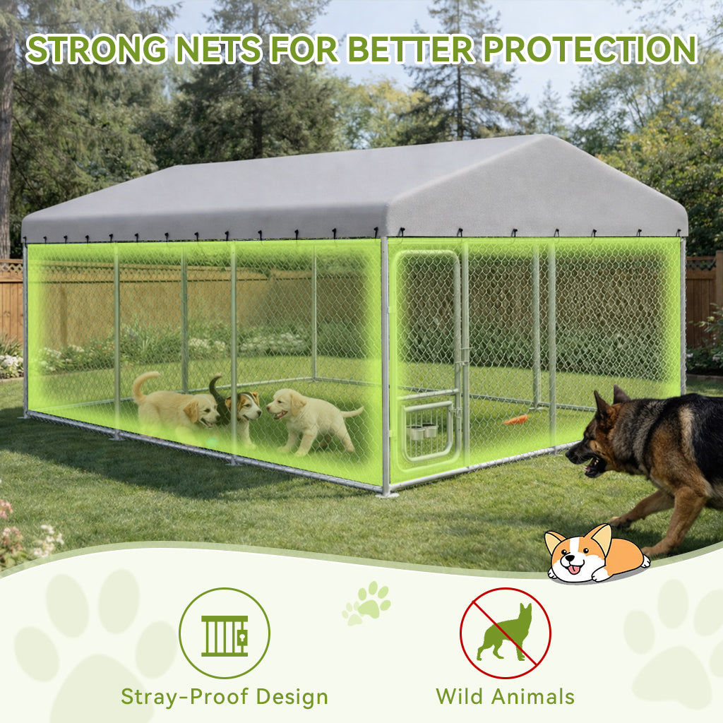 Outdoor dog kennel with strong nets for better protection, showing multiple dogs inside a fenced area with all-weather roof, highlighting stray-proof design and wild animal deterrence in garden setting.