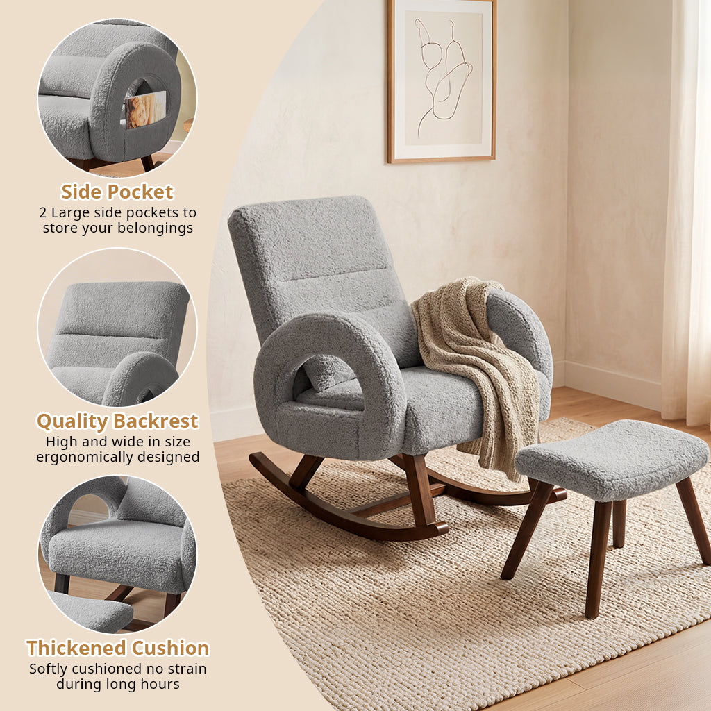 COMHOMA Teddy Fabric Rocking Chair Nursery with Ottoman & Lumber Pillow H007