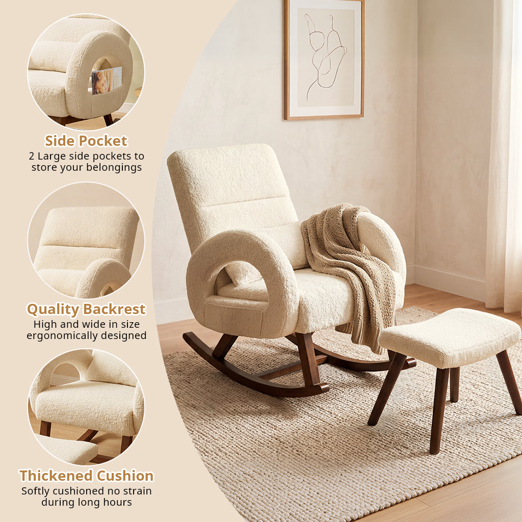 COMHOMA Teddy Fabric Rocking Chair Nursery with Ottoman & Lumber Pillow H007