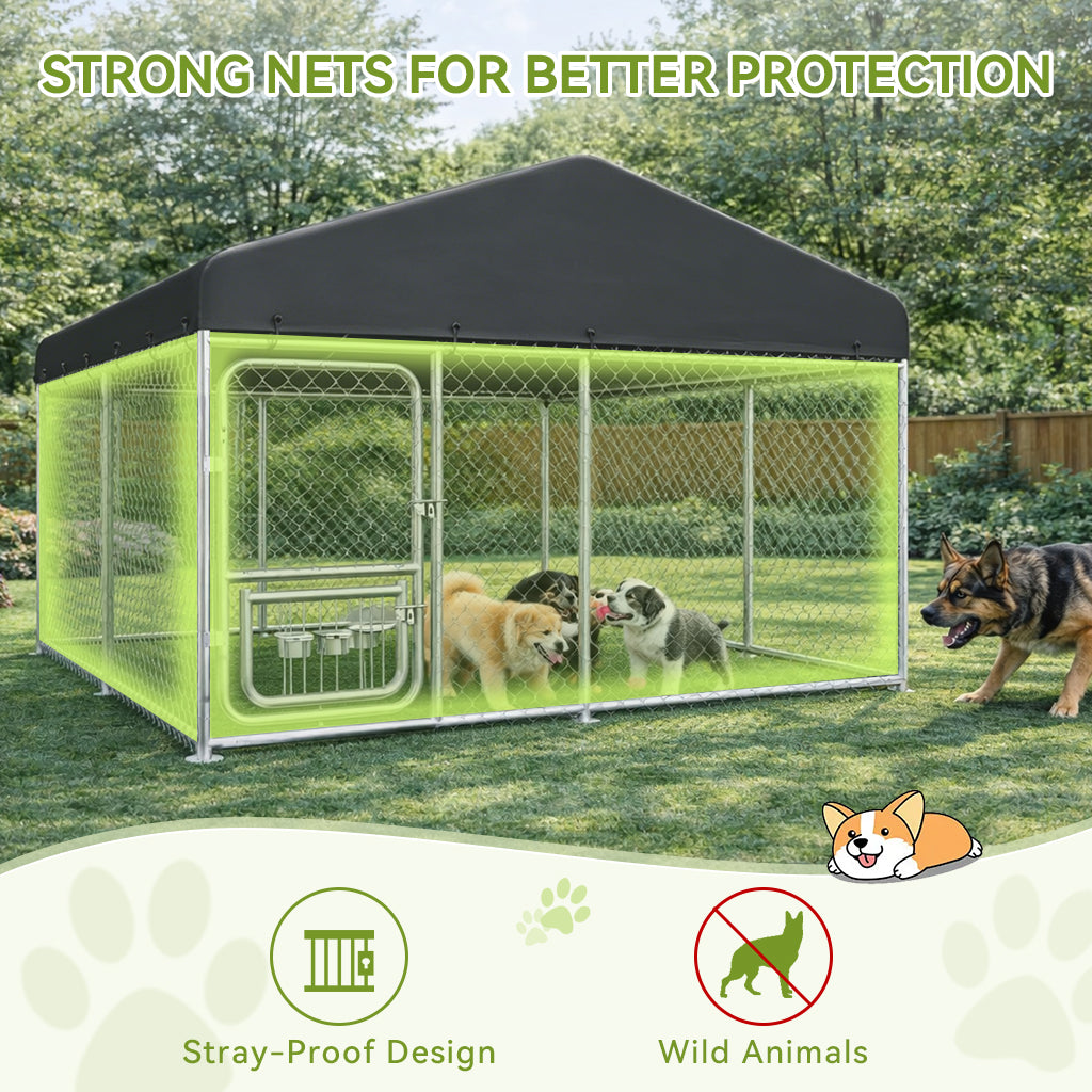 Strong nets for better protection, stray-proof design icon, wild animals icon with a dog kennel featuring multiple dogs inside and a dog outside in a backyard setting