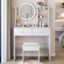 17' Round LED Mirror Vanity Table + Soft Cushion Stool Suit, Large Mirror, Touch Switch, 3 colors, Adjustable Brightness, Large Desktop, Multi-layer High Capacity Storage, Suitable For Small Space