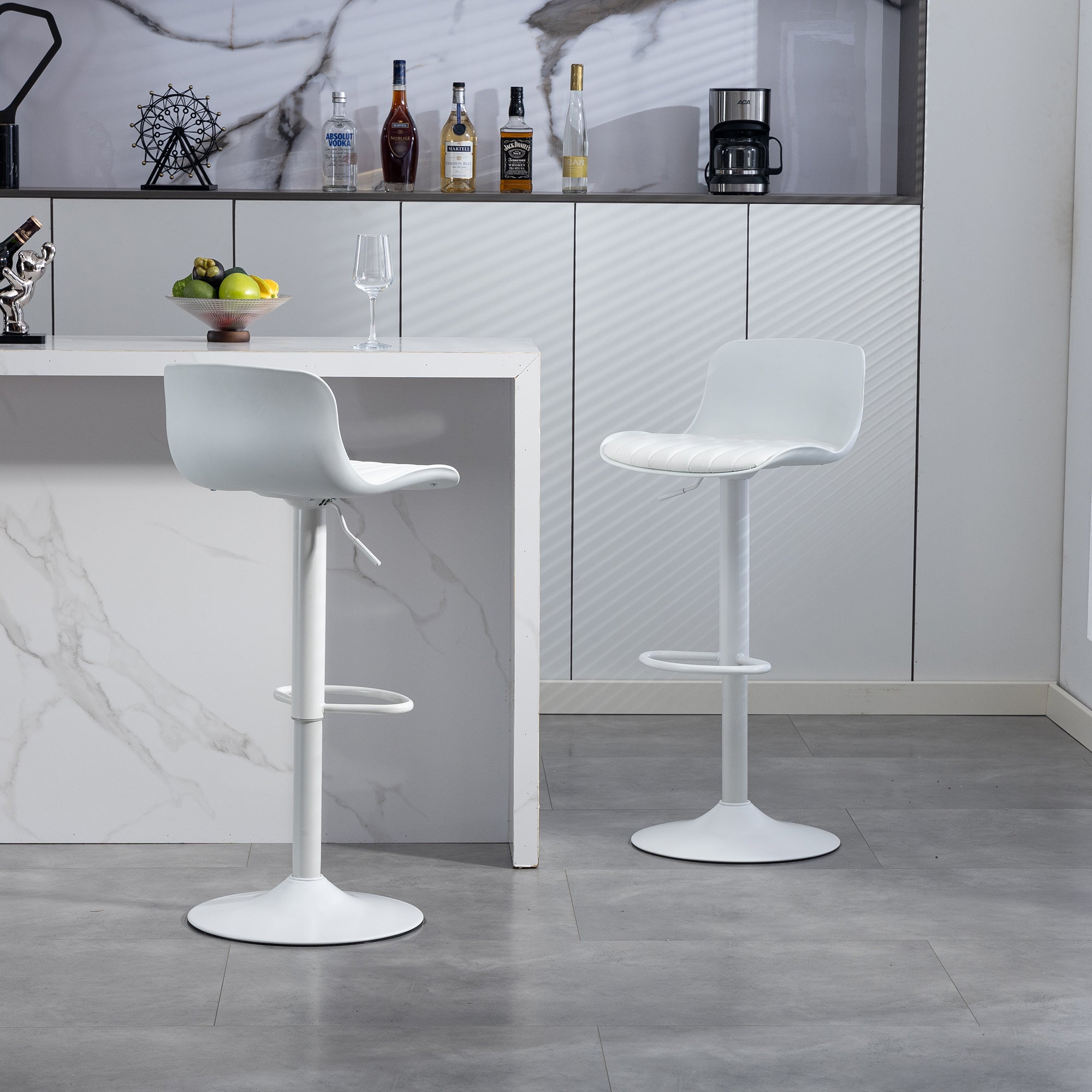 Bar Stools Set of 2 – Modern PU Leather Counter Height Barstools with Back, Height Adjustable Swivel Kitchen Island Chairs, Armless, Large Base-White