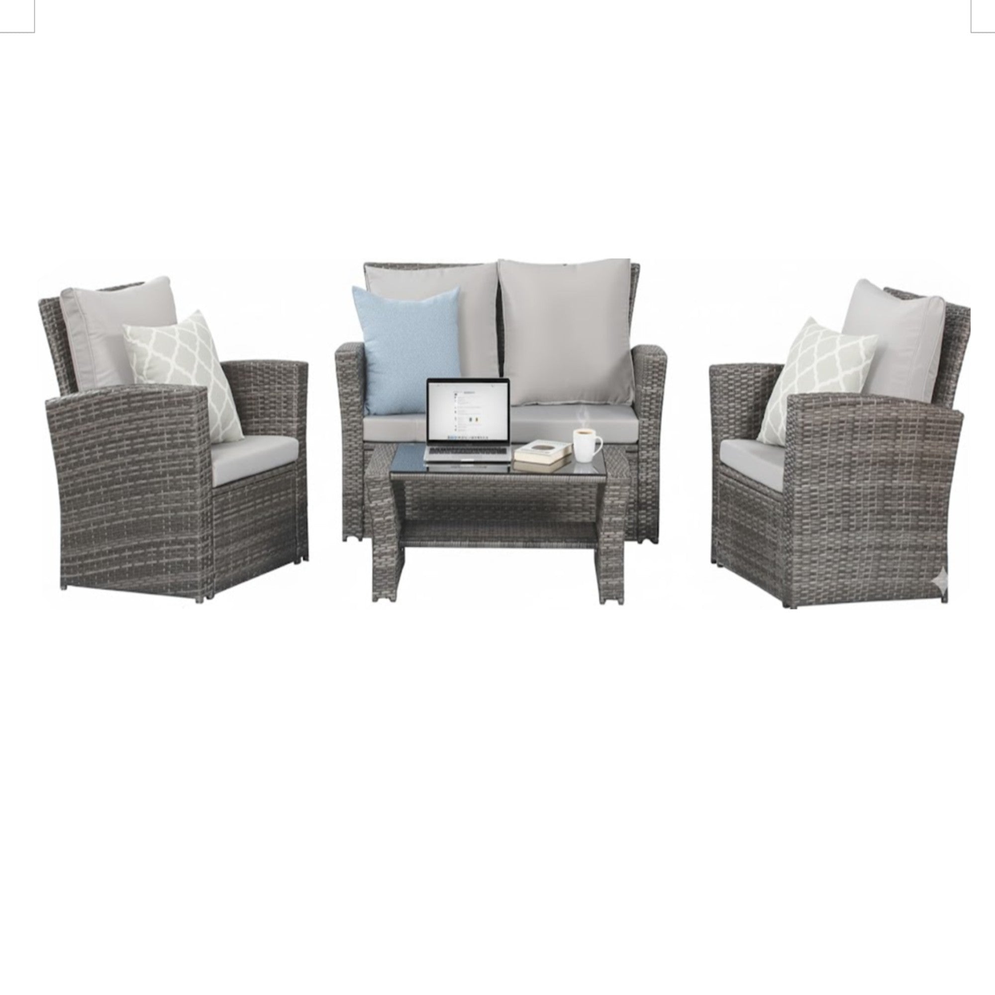 Modern All-Weather PE Wicker Patio Set with Gray Cushions and Glass Table in Dark Brown