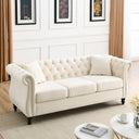 80' Chesterfield Sofa Beige Velvet for Living Room, 3 Seater Sofa Tufted Couch with Rolled Arms and Nailhead for Living Room, Bedroom, Office, Apartment, two pillowsW834S00008