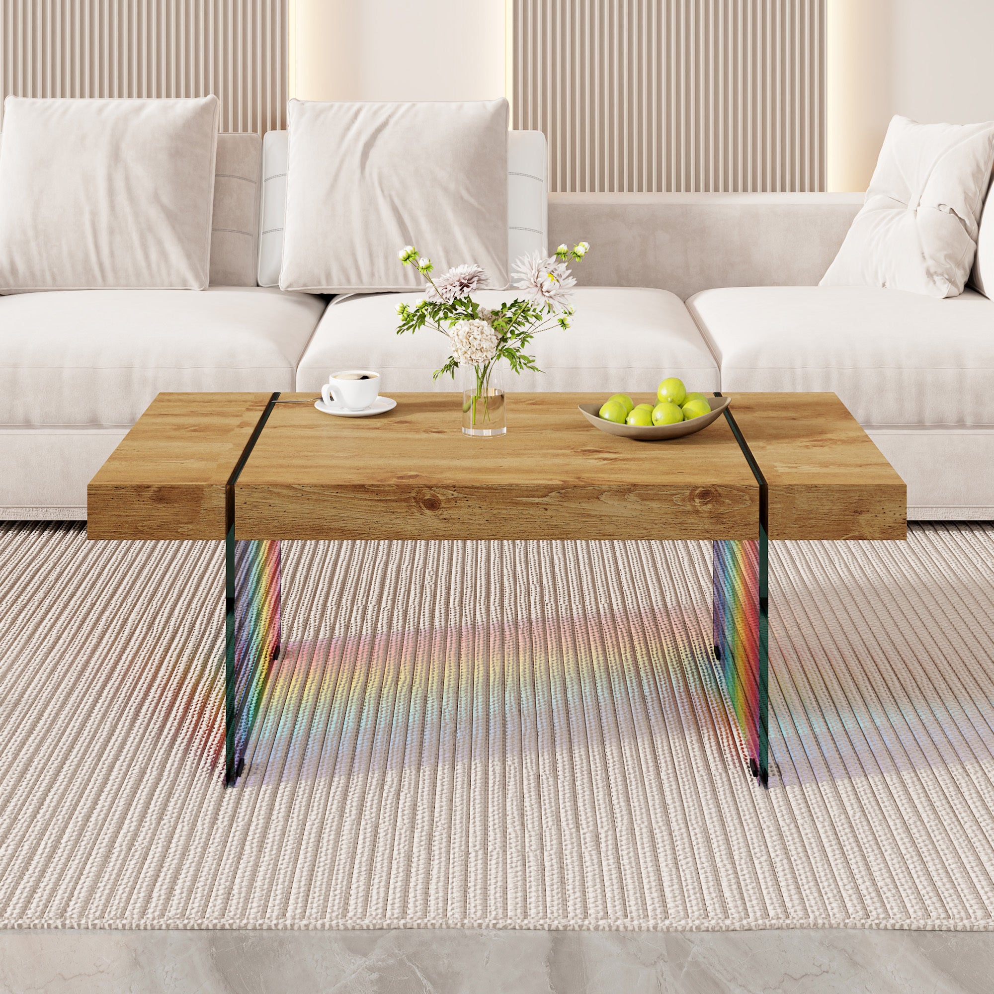 43.3'x23.6' Wood colored texture sticker MDF Coffee Table with Tempered glass legs.Suitable for Living Room.It can be used not only as a coffee table but also as a side table or display stand.