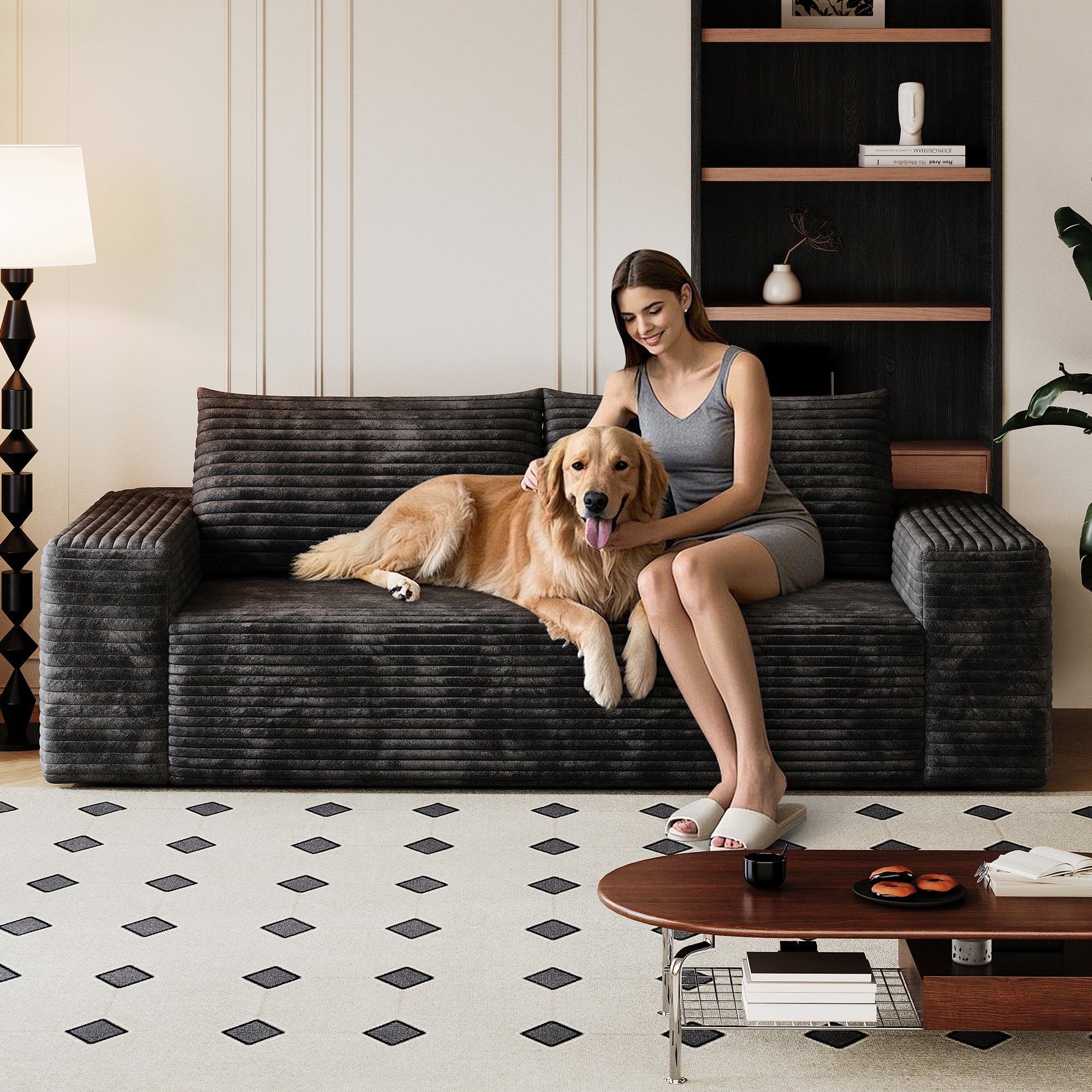 71' 3Setaser Sofa,Corduroy Fabric,Deep Seat Couches,Comfy Loveseat Sofa,No Assembly,1pcs for Living room, Bedroom,Conference room ,Apartment,Black