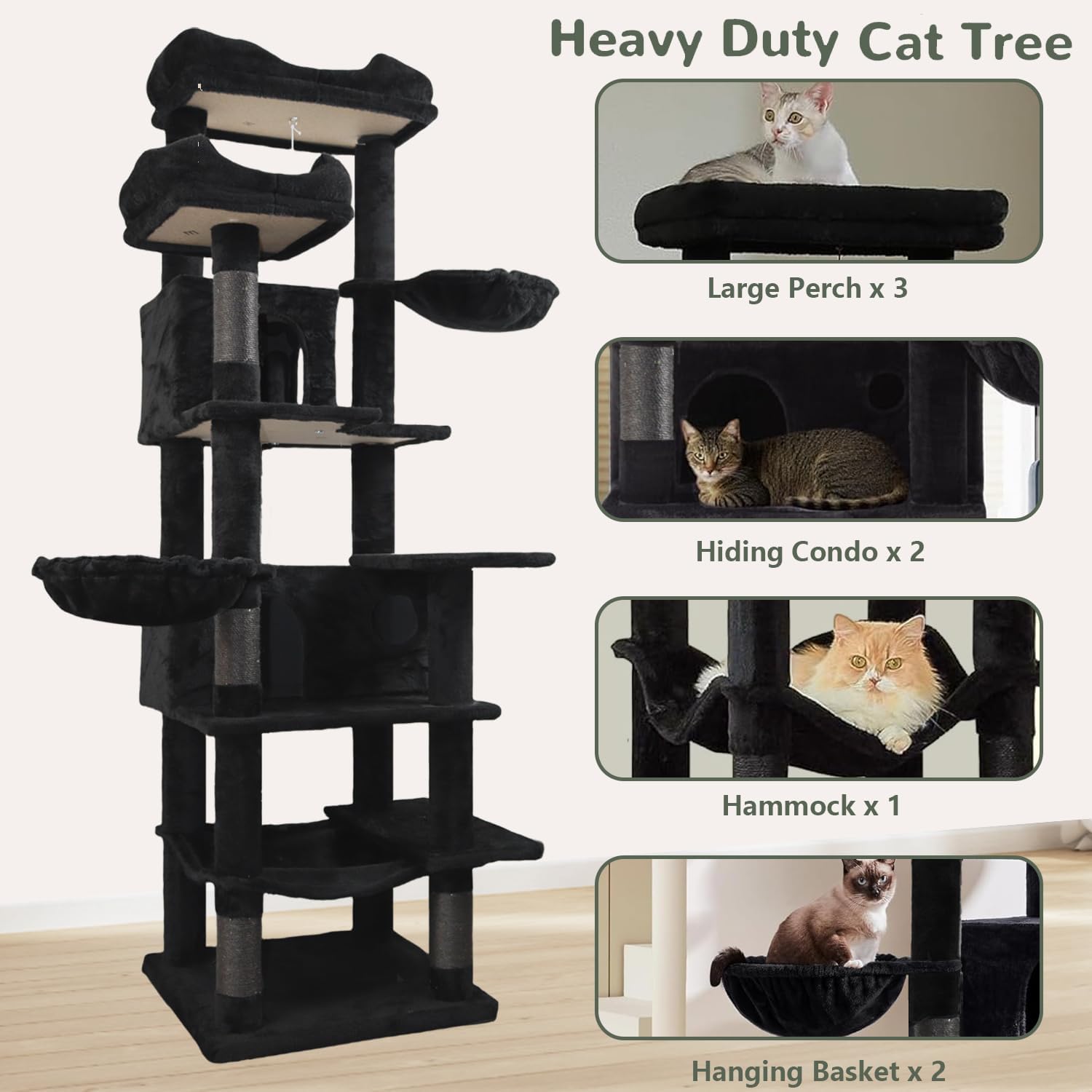 68 inch Multi-Level Cat Tree with Hammocks, Hanging Basket, Scratching Posts - Perfect for Multiple Cats