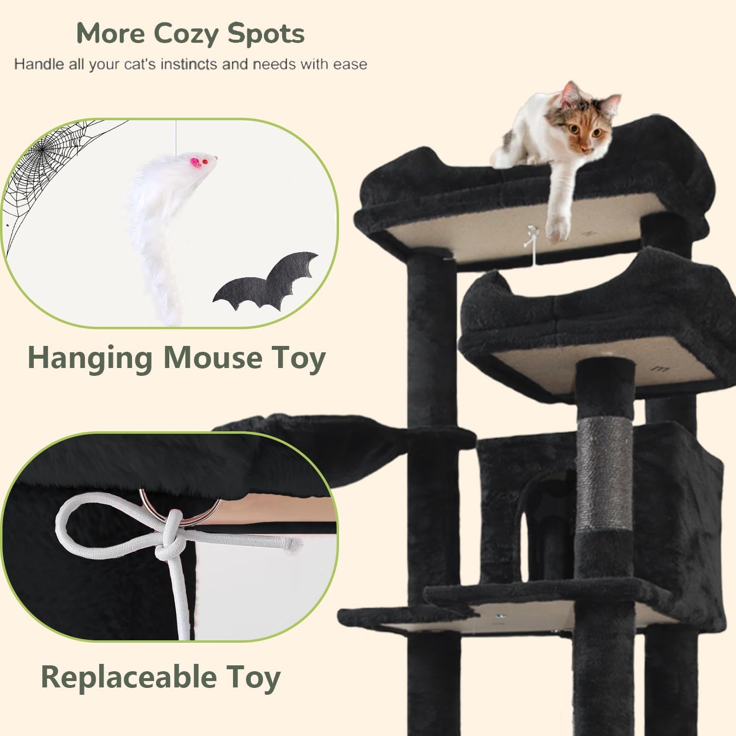 68 inch Multi-Level Cat Tree with Hammocks, Hanging Basket, Scratching Posts - Perfect for Multiple Cats
