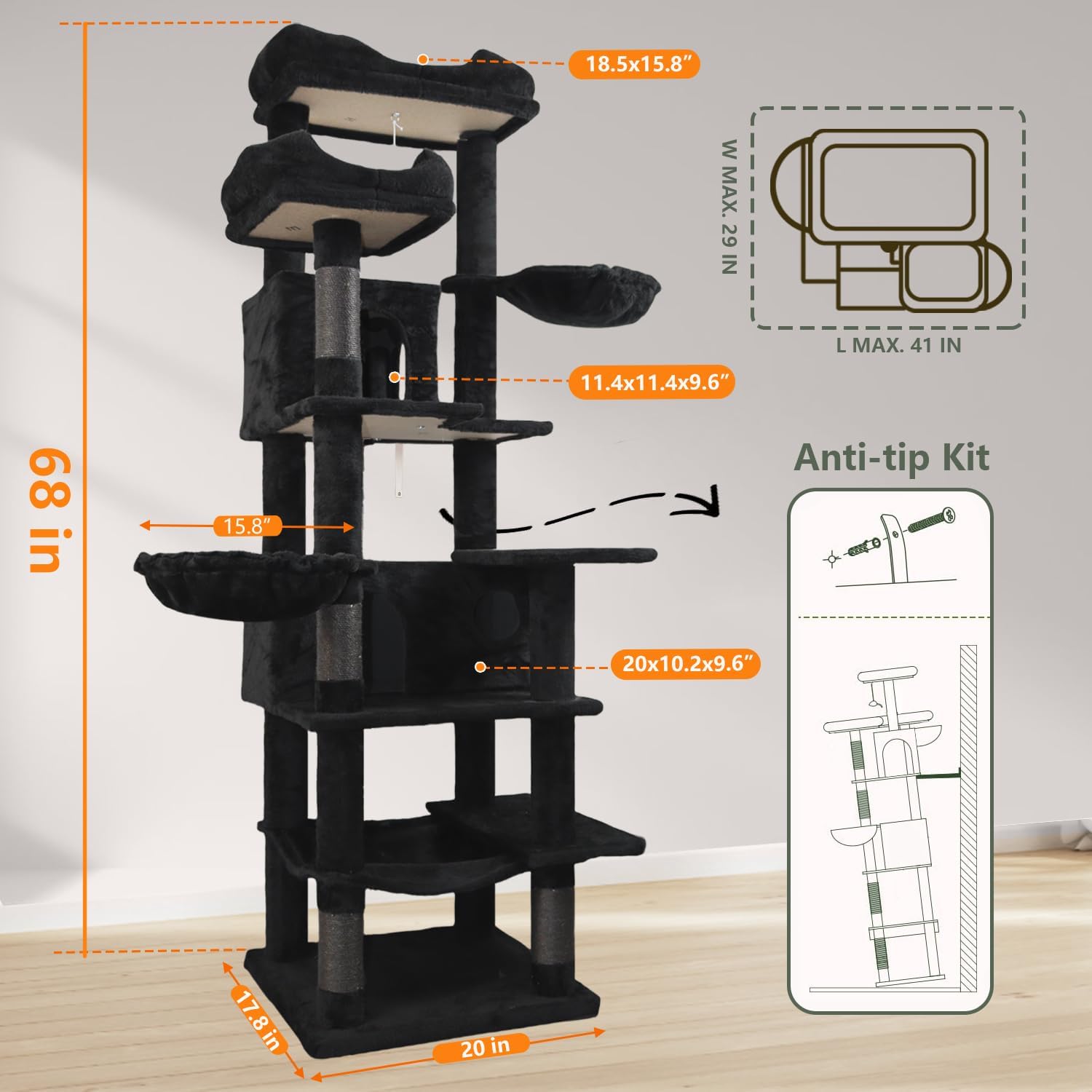 68 inch Multi-Level Cat Tree with Hammocks, Hanging Basket, Scratching Posts - Perfect for Multiple Cats