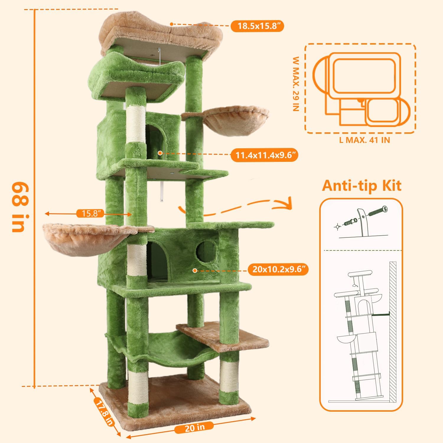 68 inch Multi-Level Cat Tree with Hammocks, Hanging Basket, Scratching Posts - Perfect for Multiple Cats