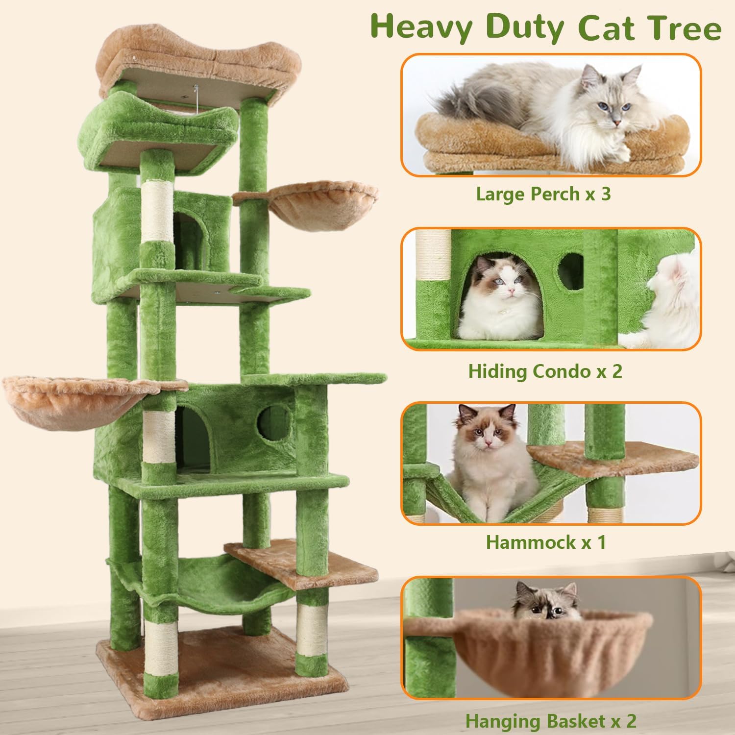 68 inch Multi-Level Cat Tree with Hammocks, Hanging Basket, Scratching Posts - Perfect for Multiple Cats