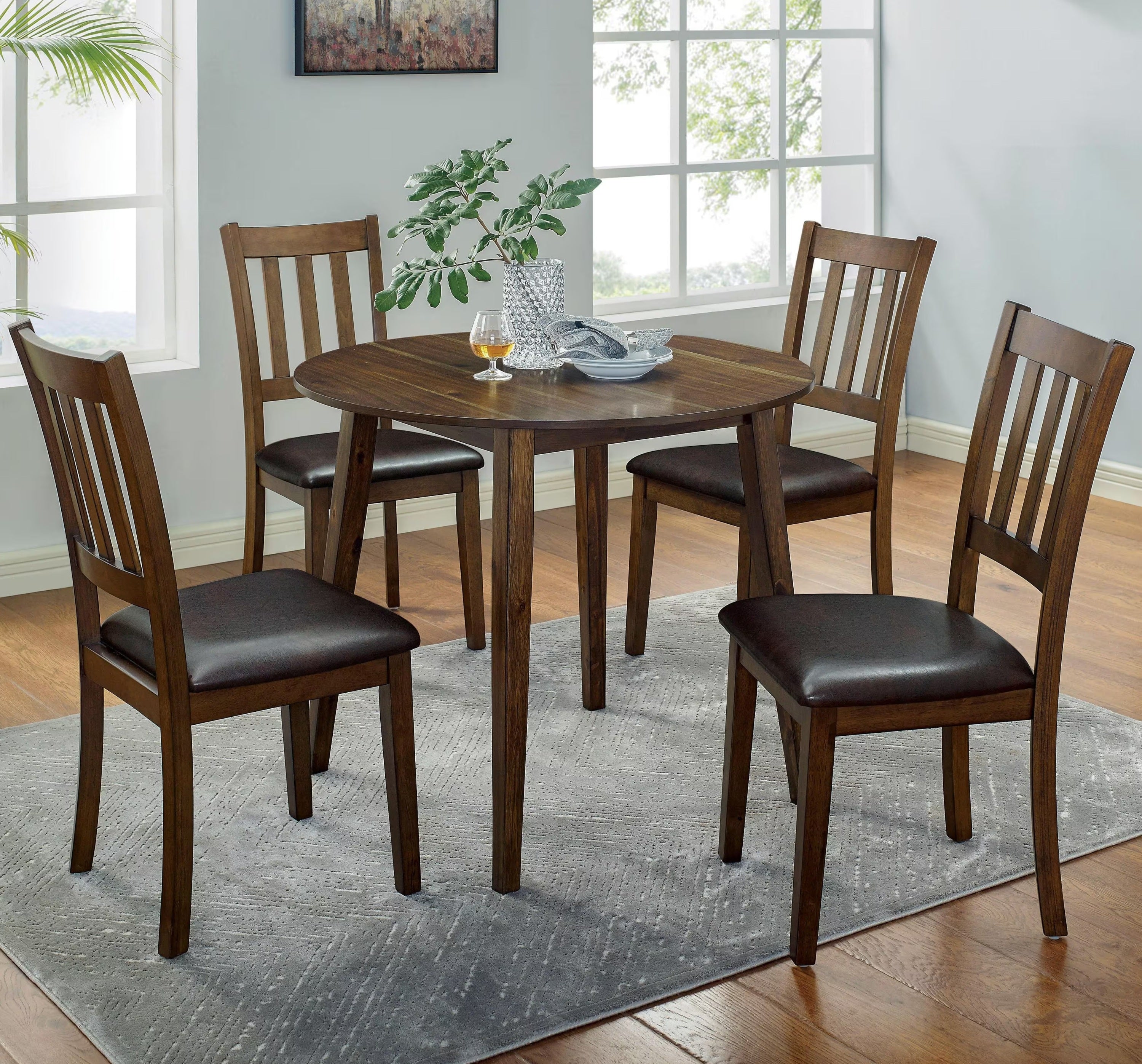 Kitchen 5pc Dining Set Round Dining Table And 4x Side Chairs Walnut, Dark Brown Transitional Solid wood Dining Room Furniture Leatherette Padded Seat
