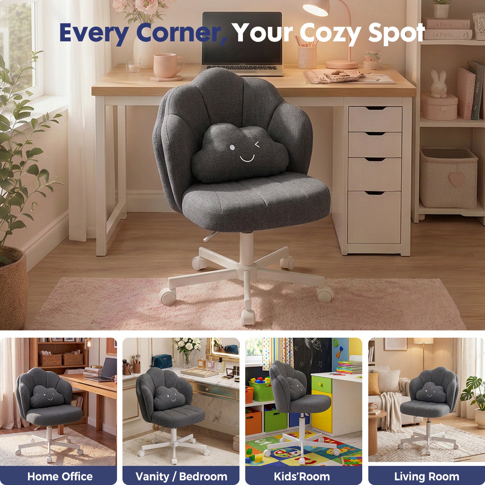 Ergonomic gray office chair with a petal-shaped backrest and a smiling cloud pillow, shown in multiple settings including home office, vanity bedroom, kids’ room, and living room, highlighting comfort and versatility from collections like New Arrivals, Office & Game, and Makeup Vanities.