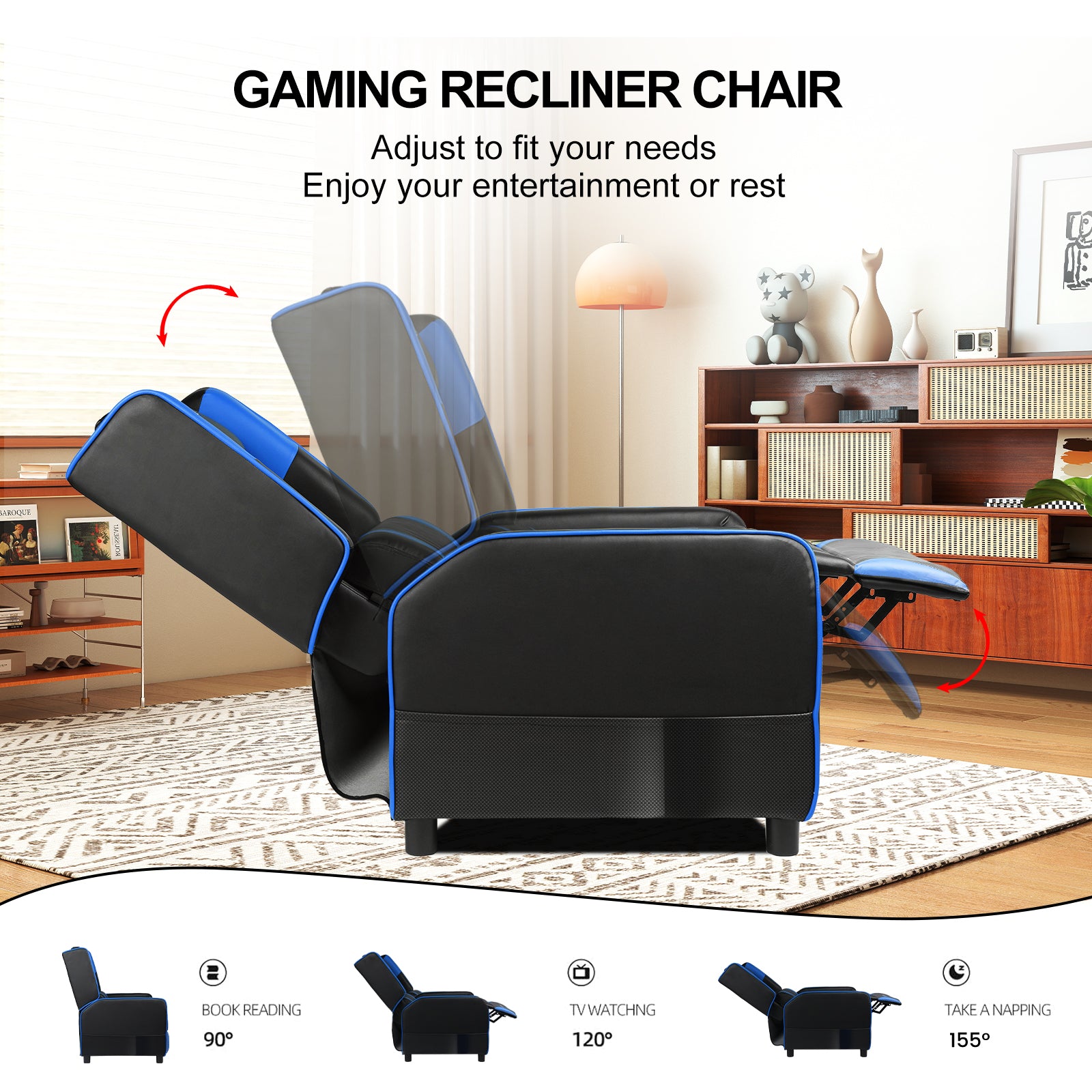 Black and blue gaming recliner chair in a modern living room, showing adjustable reclining positions for reading, TV watching, and napping, part of office and game recliner chairs collection.