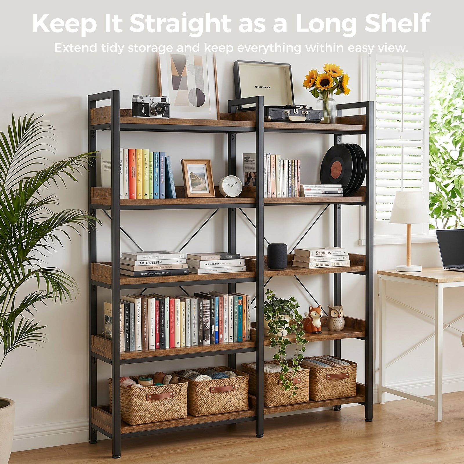COMHOMA 5-Tier/6-Tier Corner Bookshelf, L-Shaped Metal Frame Shelf with Tall 14" Shelves HBOK1