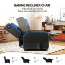 Black and blue gaming recliner chair in a modern living room, adjustable to 90, 120, and 155 degrees for reading, watching TV, or napping, part of office and game recliner chairs collection.