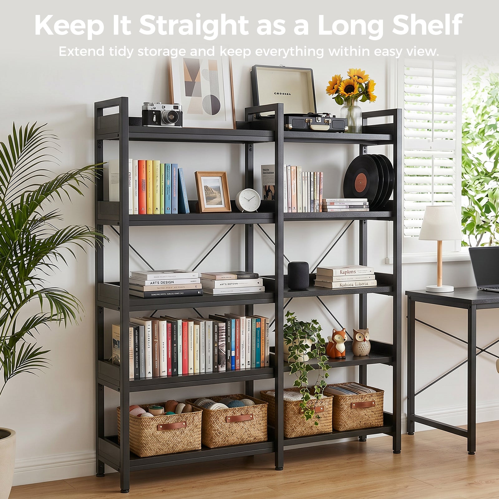 COMHOMA 5-Tier/6-Tier Corner Bookshelf, L-Shaped Metal Frame Shelf with Tall 14" Shelves HBOK1