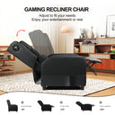 Black ergonomic recliner chair in modern living room with adjustable backrest and footrest showing positions for reading, TV watching, and napping, featured in office and game furniture collection.