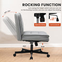 Side view of a gray ergonomic office chair with adjustable rocking function, showing recline angles from 105 to 120 degrees, height adjustment of 5 cm, and 360-degree swivel, highlighting control knobs and lever details, suitable for office furniture and low back office chair collections.