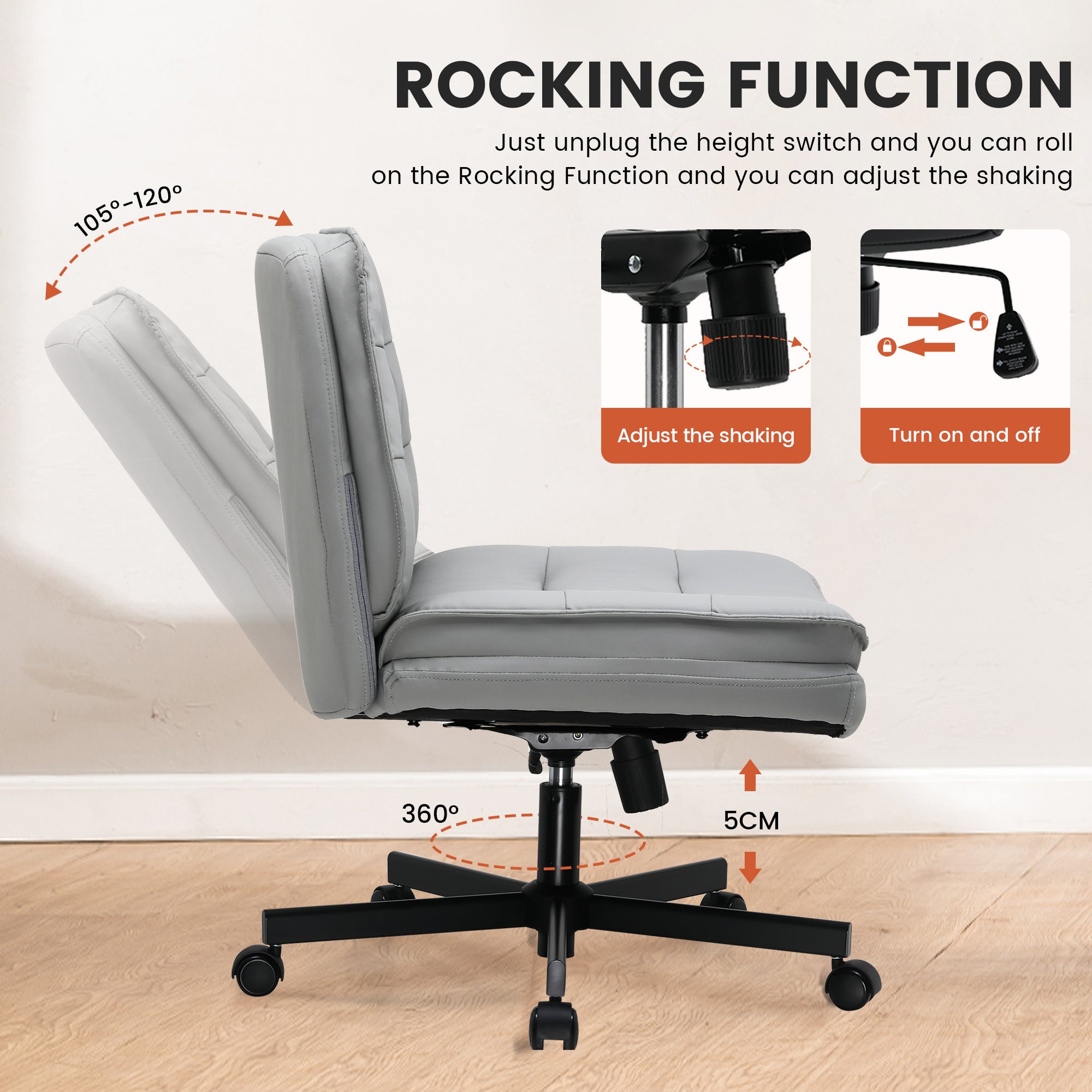 Side view of a gray ergonomic office chair with adjustable rocking function, showing recline angles from 105 to 120 degrees, height adjustment of 5 cm, and 360-degree swivel, highlighting control knobs and lever details, suitable for office furniture and low back office chair collections.
