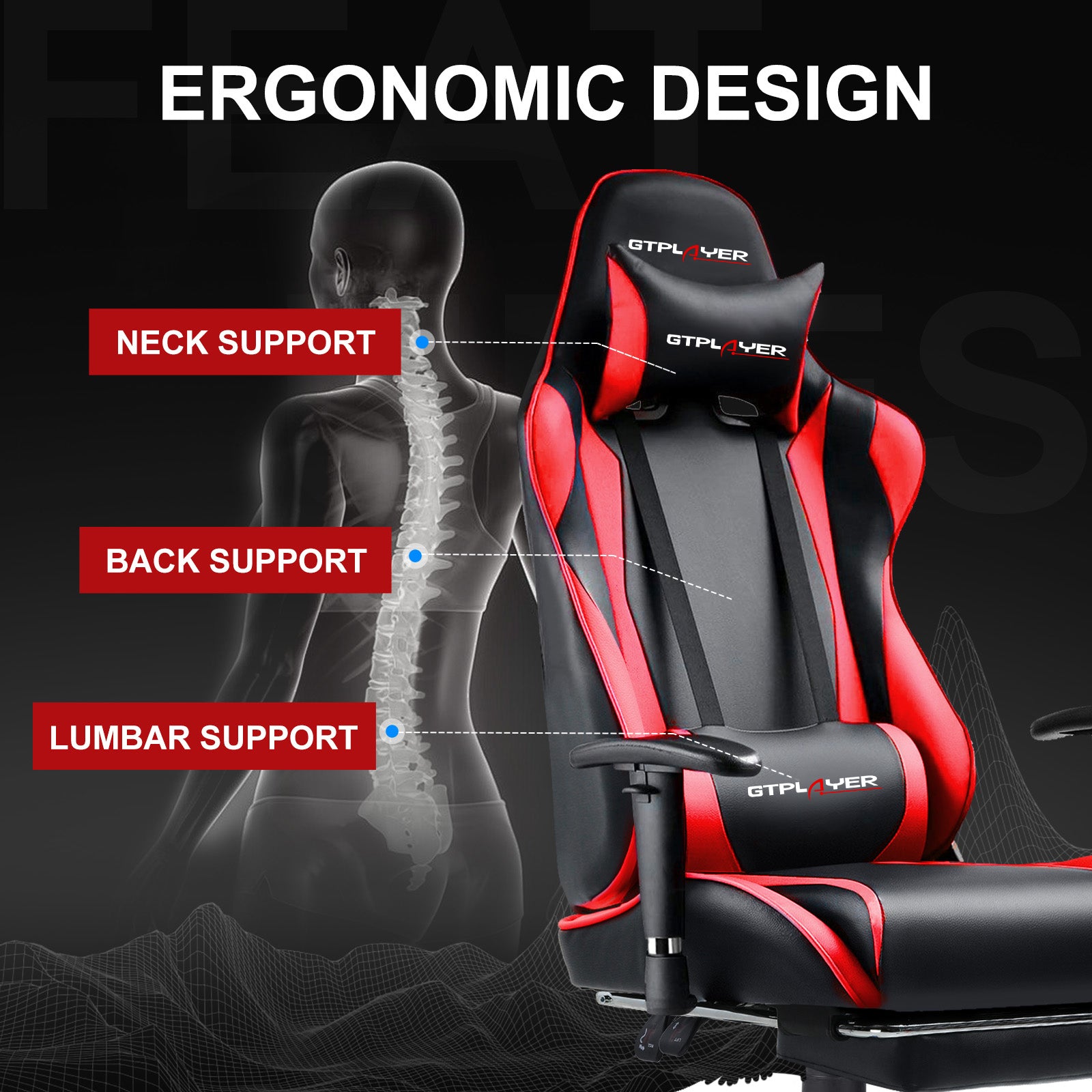 GTPLAYER Gaming Chair with Footrest, Swivel Rocker with Headrest and Lumbar Support GT002NAF