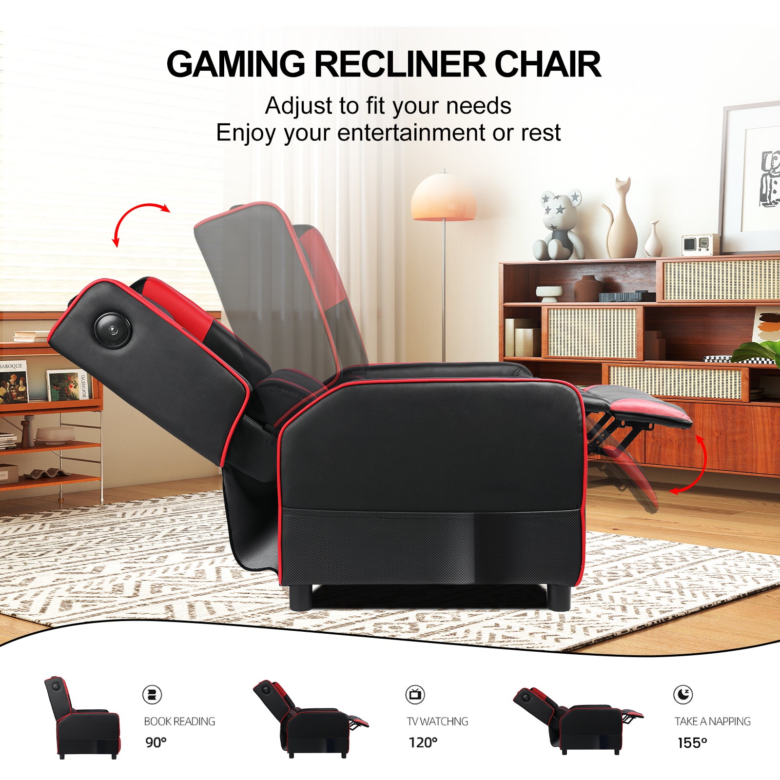 Black and red gaming recliner chair in a modern living room, showing adjustable positions for book reading, TV watching, and napping with footrest extended, categorized under Office & Game and Recliner Chairs collections.