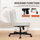 White ergonomic office chair with rocking function adjustable between 105° to 120°, 360° swivel, 5 cm height adjustment, and controls for shaking and on/off, suitable for office furniture collections.