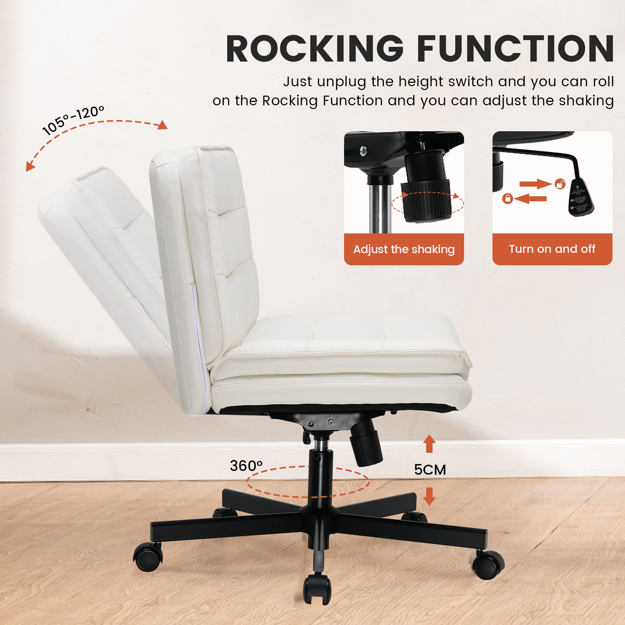 White ergonomic office chair with rocking function adjustable between 105° to 120°, 360° swivel, 5 cm height adjustment, and controls for shaking and on/off, suitable for office furniture collections.