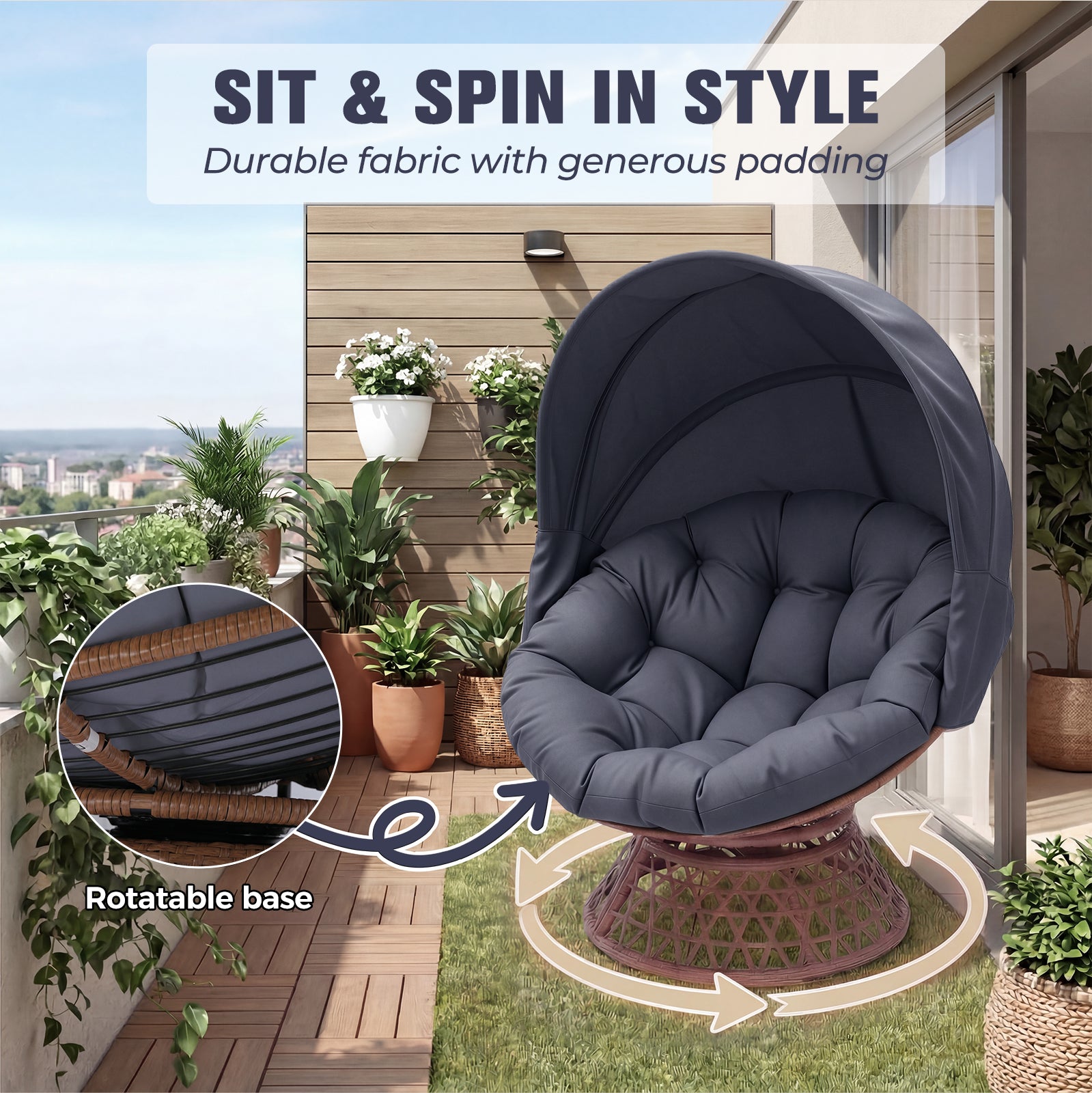 COMHOMA Oversized Papasan Chair with Sun Shade OT-CH01