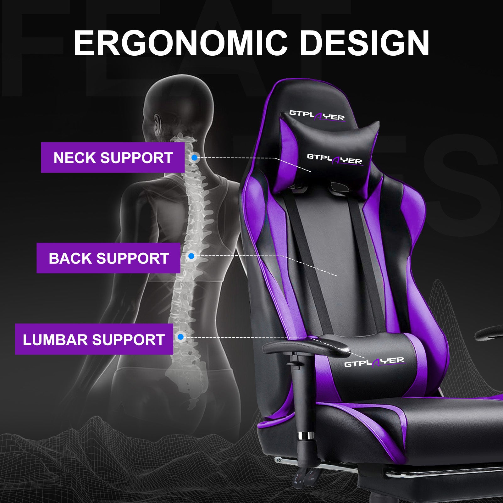 GTPLAYER Gaming Chair with Footrest, Swivel Rocker with Headrest and Lumbar Support GT002NAF