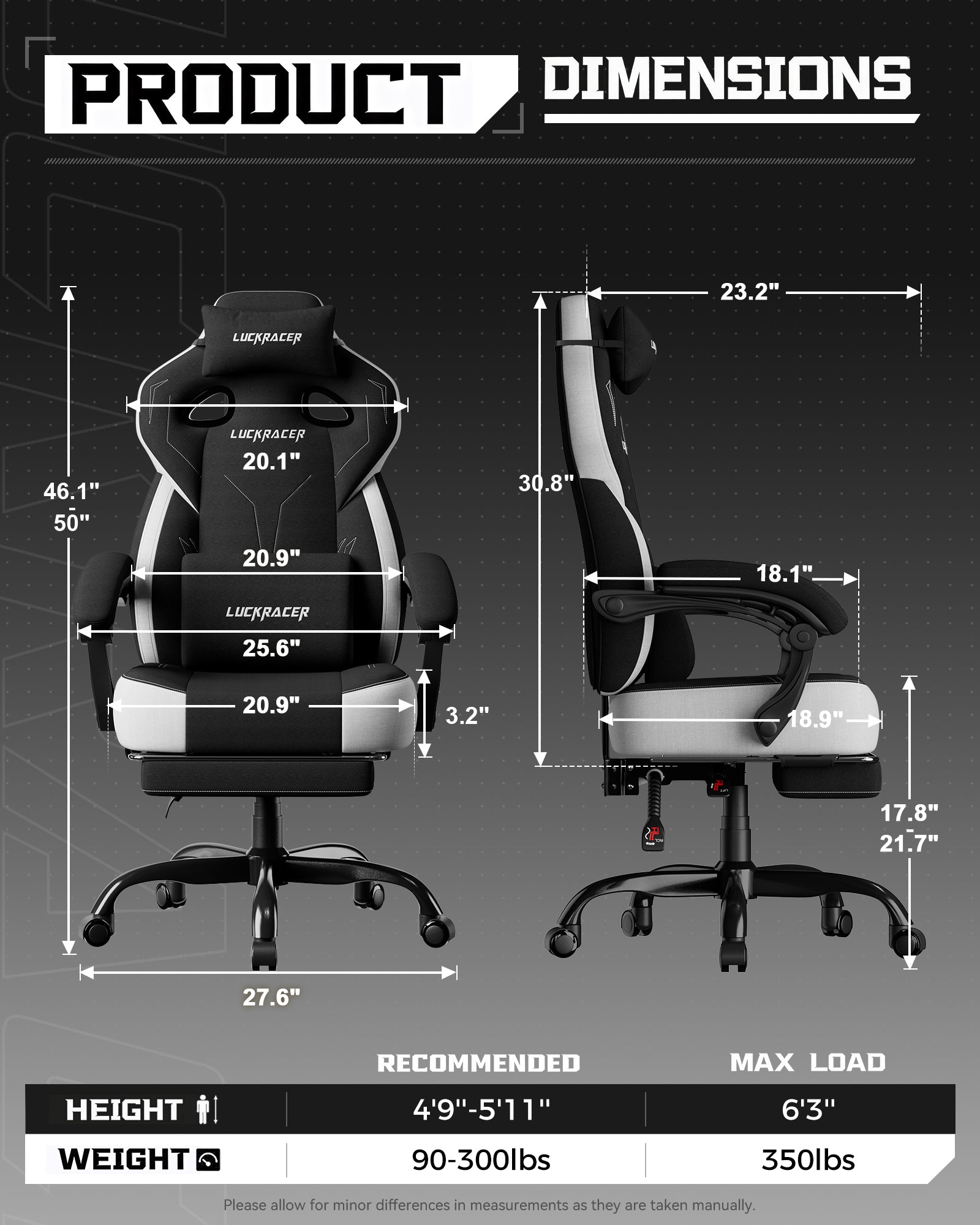 LUCKRACER Big and Tall Gaming Chair 350lbs with Footrest LR408