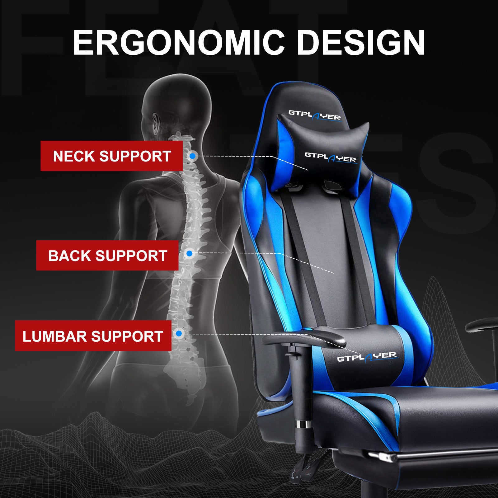 GTPLAYER Gaming Chair with Footrest, Swivel Rocker with Headrest and Lumbar Support GT002NAF